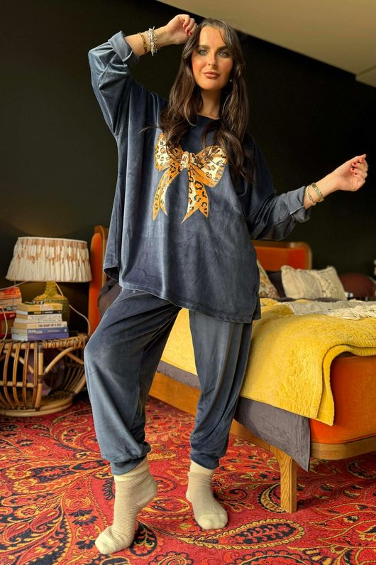 Binky Bow Soft Stretch Velour Lounge Suit Prussian Navy /50=